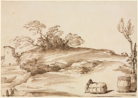 Giovanni Guercino, Landscape with a Man Leaning on a Bale