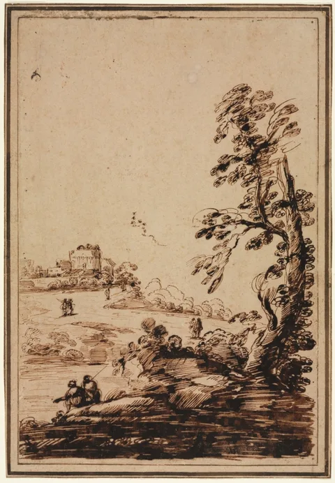 Giovanni Guercino, Landscape with Small Group of Buildings