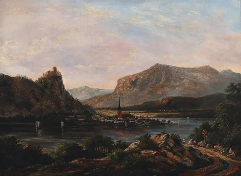 Anton Eduard Kieldrup, Riverscape with castle at the summit.