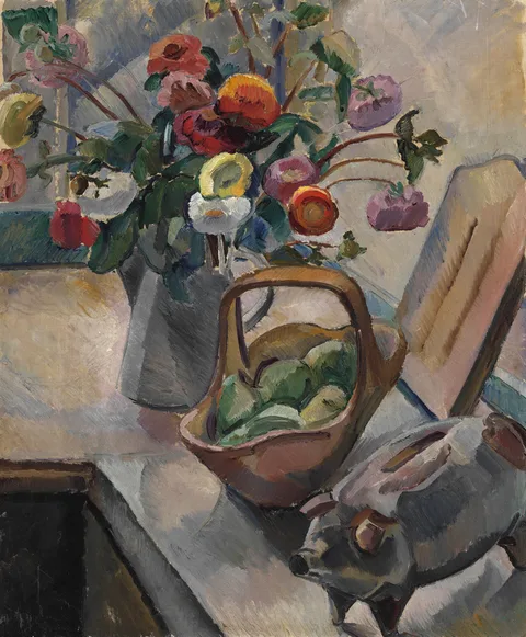 Astrid Holm, Still life with flowers and piggy bank