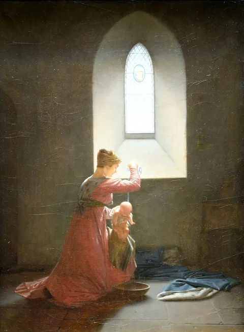 Jean Baptiste Mallet, Geneviève de Brabant in her prison baptizing her son
