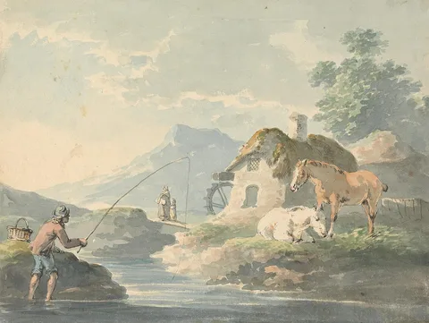 Peter La Cave, Rustic Scene: man fishing, left; cottage with water-mill and horses right