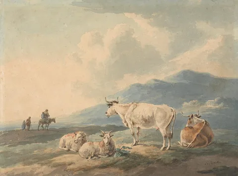 Peter La Cave, Mountain Landscape: with cows and goats foreground and figures, left