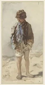 August Xaver Karl Ritter von Pettenkofen, Hongaarse jongen, staande en face, blootsvoets en met een pelsmuts op