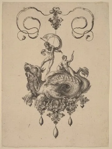 Jan II Collaert, Design for a Pendant with a Sea-Monster Carrying Thetis and a Man with a Sail