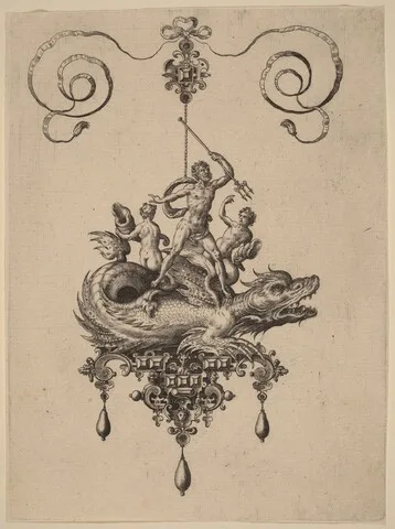 Jan II Collaert, Design for a Pendant with a Sea-Monster Carrying Neptune Flanked by Two Figures