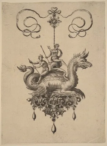 Jan II Collaert, Design for a Pendant with a Sea-Monster Carrying Neptune on an Urn Flanked by a River-God with an Oar