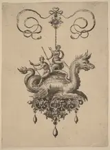 Jan II Collaert, Design for a Pendant with a Sea-Monster Carrying Neptune on an Urn Flanked by a River-God with an Oar