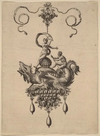 Jan II Collaert, Design for a Pendant with a Winged Sea-Monster Carrying Venus Anadyomene on a Shell and a Man with an Oar