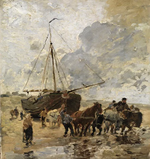 Prof. Hermann Baisch, Katwijk fisherman pulling a Bomschuit from the Schuitengat into the Sea