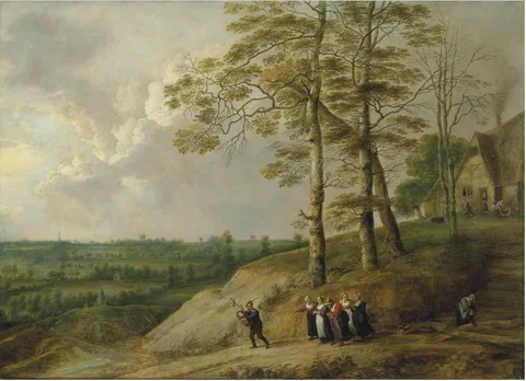 Lukas van Uden, An extensive landscape with a bagpiper and other figures on a path, a farmhouse beyond