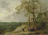 Lukas van Uden, An extensive landscape with a bagpiper and other figures on a path, a farmhouse beyond
