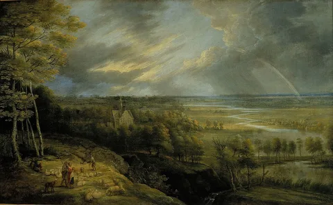 Lukas van Uden, Landscape with rainbow, shepherds and sheep