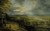 Lukas van Uden, Landscape with rainbow, shepherds and sheep