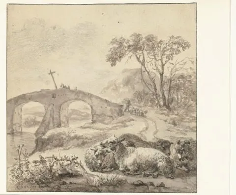 Jacob van der Does I, Landscape with Recumbent Sheep and a Stone Bridge