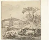 Jacob van der Does I, Landscape with Recumbent Sheep and a Stone Bridge