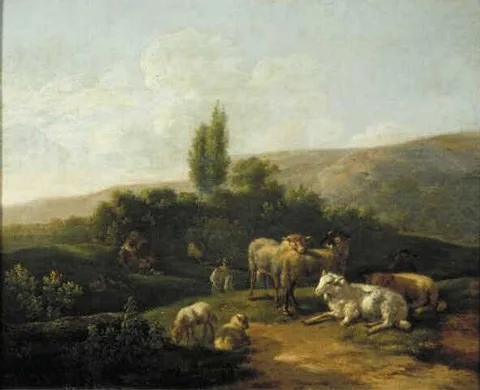 Jacob van der Does I, Italian Evening Landscape with Flock and Shepherd
