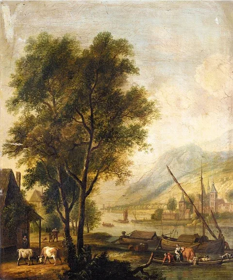 Dirk Dalens, River landscape with cattle and figures before a cottage, and barges on the river