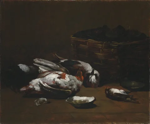 Germain Théodule Ribot, Still Life with Dead Birds and a Basket of Oysters