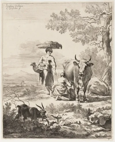 Cornelius Visscher, Woman Milking a Cow, plate 3 from Four Landscapes