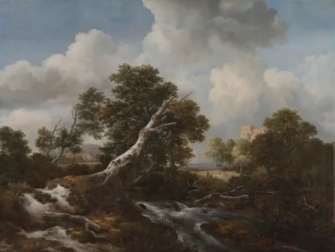 Jacob van Ruysdael, Low Waterfall in a Wooded Landscape with a Dead Beech Tree