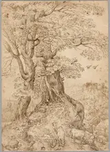 circle of Paul Bril, Wooded Landscape with Donkeys and Goats, and Castle on Hill in Distance