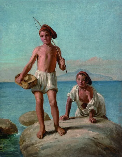 Constantin Hansen, Two boys from Naples on a stone near the Mediterranean.