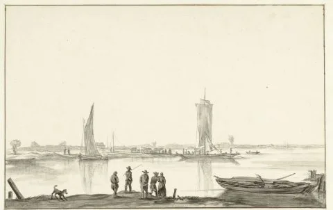 Hendrik Jacobsz. Dubbels, Rivierlandschap met vijf mensen en een hond