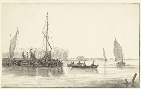 Hendrik Jacobsz. Dubbels, Rivierlandschap met een aanlegsteiger met boten