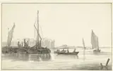 Hendrik Jacobsz. Dubbels, Rivierlandschap met een aanlegsteiger met boten
