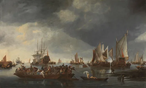 Hendrik Jacobsz. Dubbels, Port with sailships and a ferry