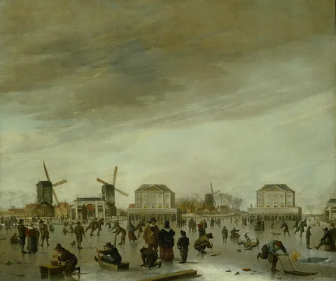 Hendrik Jacobsz. Dubbels, Amsterdam, skating on the Amstel river near the two city defense quarters (called blokhuizen)