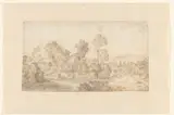 Gillis Claesz. de Hondecoeter, Heuvelachtig landschap met hoge bomen langs een rivier