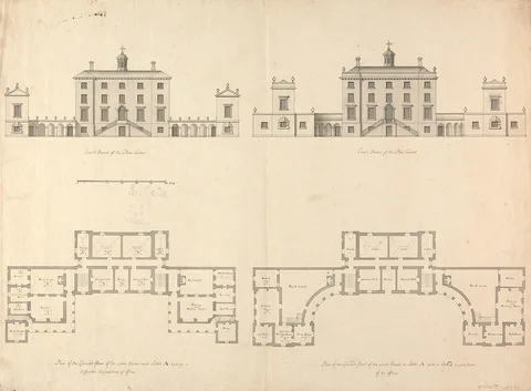 Roger Morris, Whitton House, Middlesex: Two Alternate Elevations of the Court Front and Corresponding Ground Floor Plans