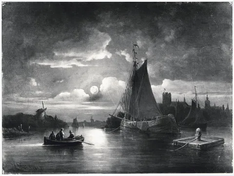 Josef Magnus Stack, Dutch View of a Town by Moonlight