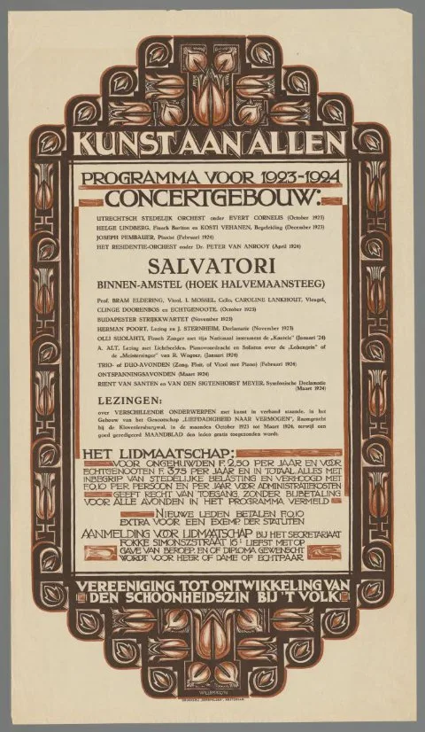 Willem Klijn, Kunst aan allen. Programma voor 1923-1924. Concertgebouw. Vereeniging voor ontwikkeling van den schoonheidszin bij 't volk