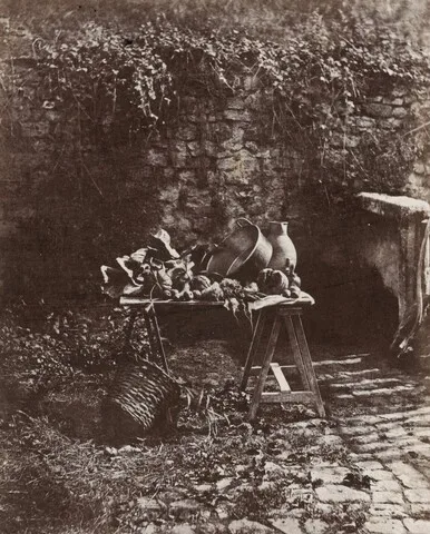 Henri Victor Regnault, Nature Morte: chaudron, cruche et legumes, sur une table a tretaux (Still Life: Pot, Pitcher and Vegetables on a Sawhorse Table)