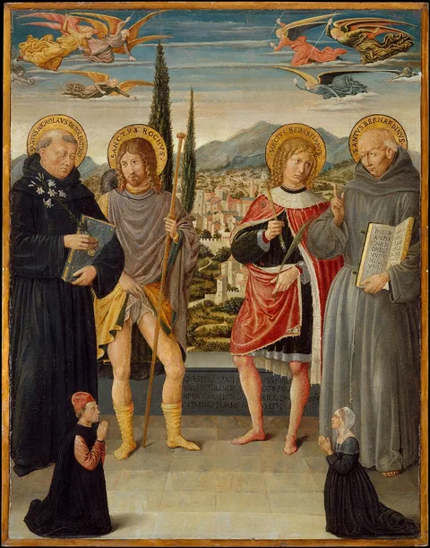 Benozzo Gozzoli, Saints Nicholas of Tolentino, Roch, Sebastian, and Bernardino of Siena, with Kneeling Donors