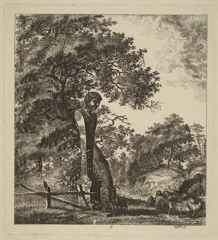 Salomon Gessner, Wooded Landscape with a Herd of Goats and a Herm