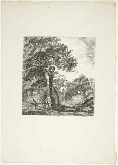 Salomon Gessner, Sheep by a Statue of Pan, plate five from Paysages Dédiés à M. Warelet