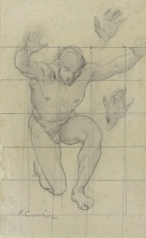 Fernand Cormon, Studie naar mannelijk naakt, knielend, de armen omhoog