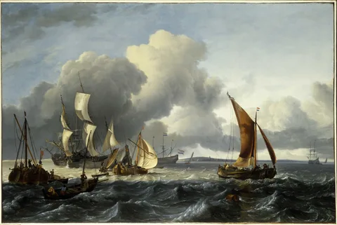 Ludolf Bakhuizen, The Merchant Shipping Anchorage off Texel Island with Oudeschild in the Distance
