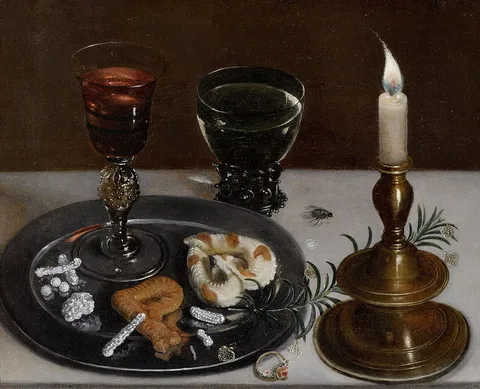 Clara Peeters, Still life with dainties, rosemary, wine, jewels and a burning candle