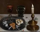 Clara Peeters, Still life with dainties, rosemary, wine, jewels and a burning candle