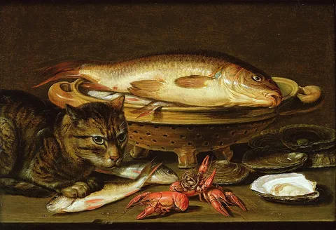 Clara Peeters, Still life of fish, oysters and crayfish with a cat