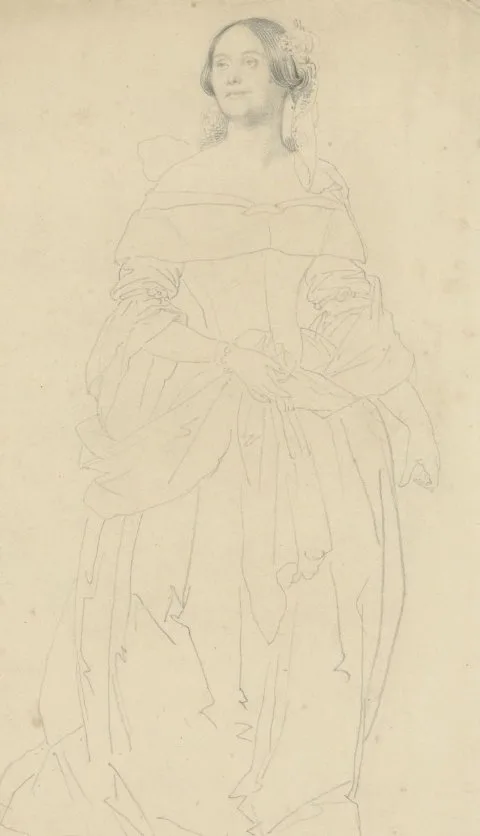 Achille Devéria, Madame Foy, staande in avondtoilet