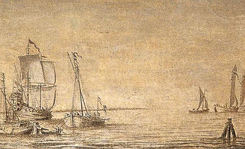 Willem van de Velde the Elder, Shipping, a Kaag and a Warship at Anchor
