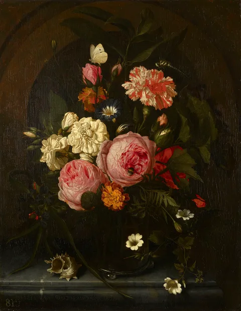 Maria van Oosterwijck, Still Life with Flowers, Insects and a Shell