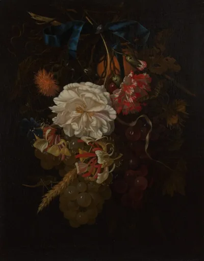 Maria van Oosterwijck, Bouquet of Flowers and Fruit with Blue Ribbon