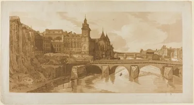 Thomas Girtin, View of Pont au Change, the City Theatre, Pont Neuf, Conciergerie Prison, etc. taken from Pont Notre Dame, from A Selection of Twenty of the Most Picturesque Views in Paris